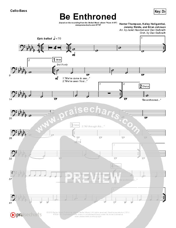 Be Enthroned Cello/Bass (Bethel Music / Jeremy Riddle)