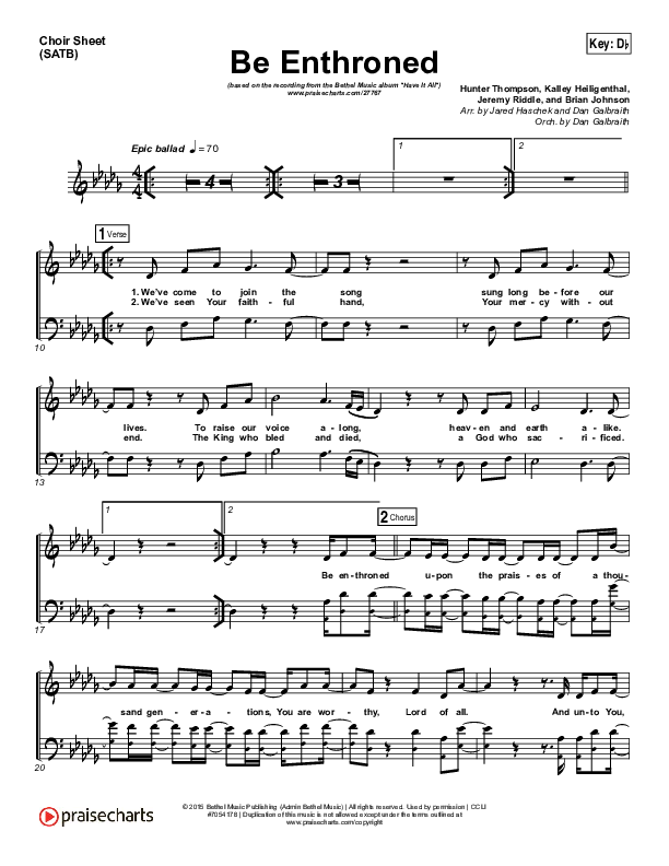Be Enthroned Choir Sheet (SATB) (Bethel Music / Jeremy Riddle)