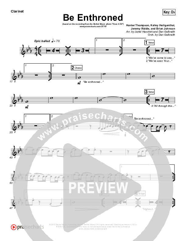 Be Enthroned Clarinet (Bethel Music / Jeremy Riddle)