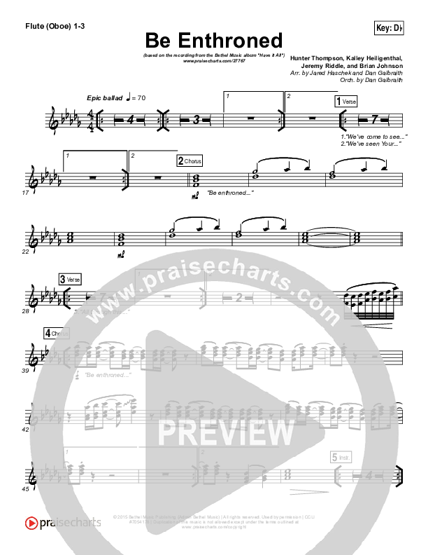 Be Enthroned Flute/Oboe 1/2/3 (Bethel Music / Jeremy Riddle)