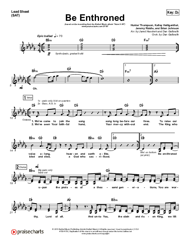 Be Enthroned Lead Sheet (SAT) (Bethel Music / Jeremy Riddle)