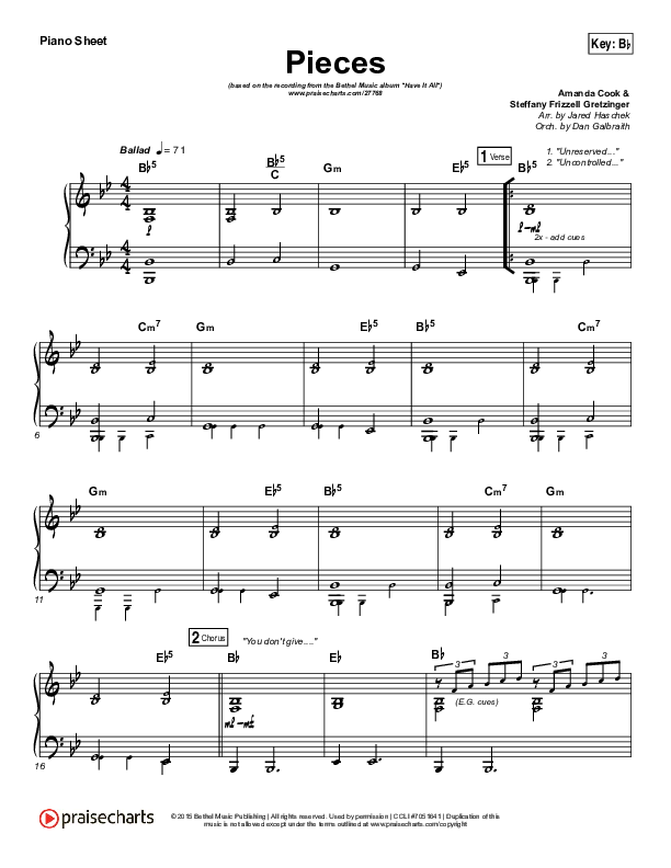 Pieces Piano Sheet (Bethel Music / Steffany Gretzinger)