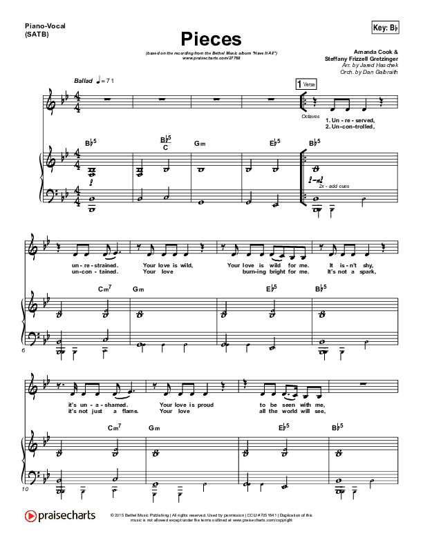Pieces Piano/Vocal (SATB) (Bethel Music / Steffany Gretzinger)