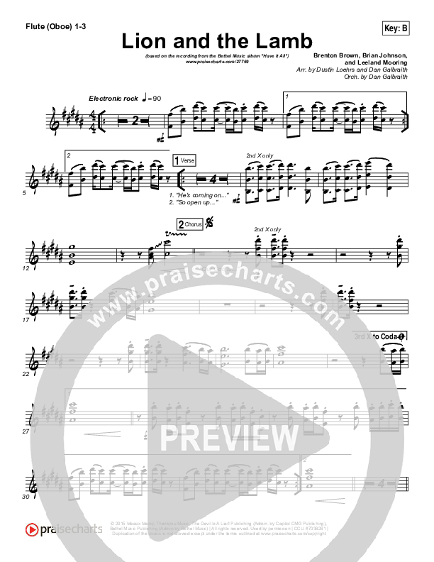 The Lion And The Lamb Flute/Oboe 1/2/3 (Bethel Music / Leeland)