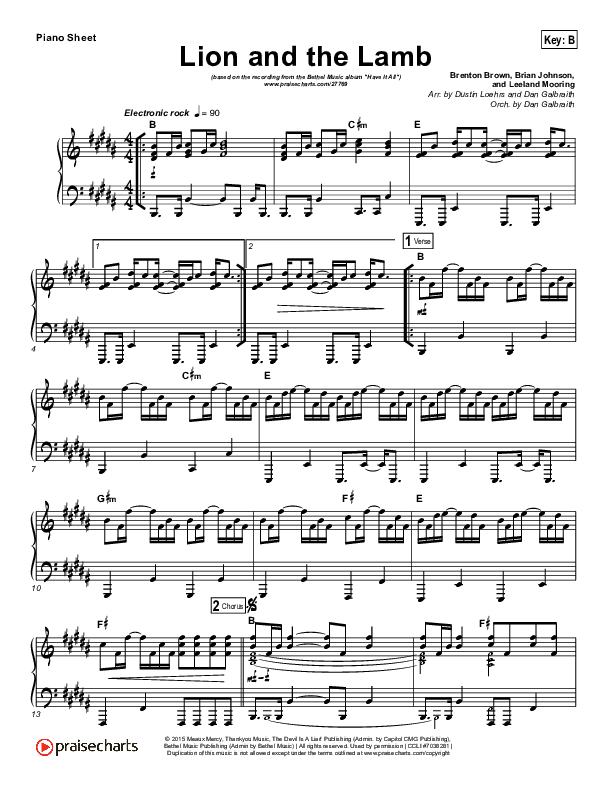 The Lion And The Lamb Piano Sheet (Bethel Music / Leeland)