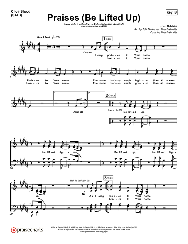 Praises (Be Lifted Up) Choir Vocals (SATB) (Bethel Music / Josh Baldwin)