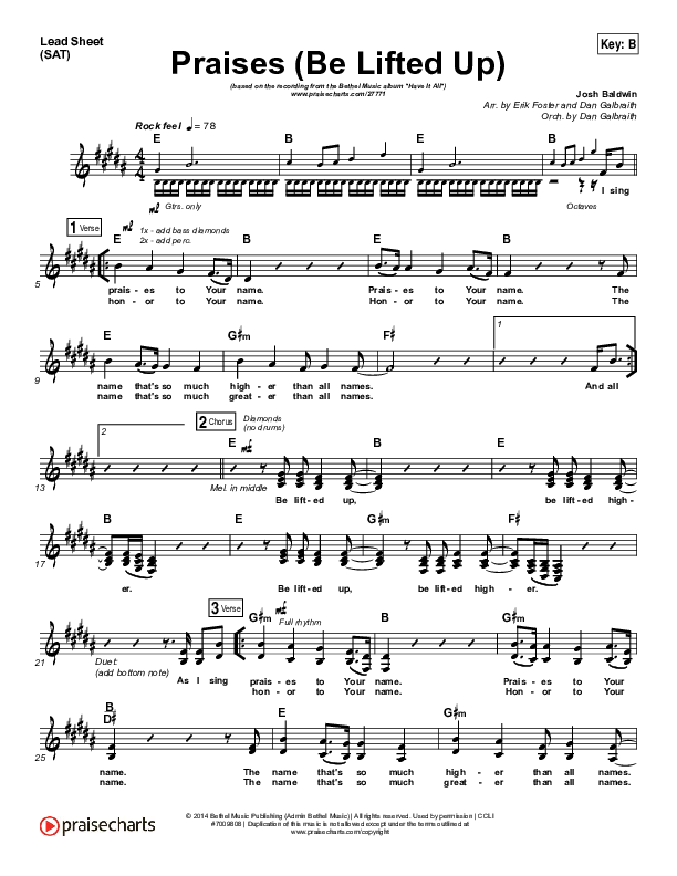 Praises (Be Lifted Up) Lead Sheet (SAT) (Bethel Music / Josh Baldwin)