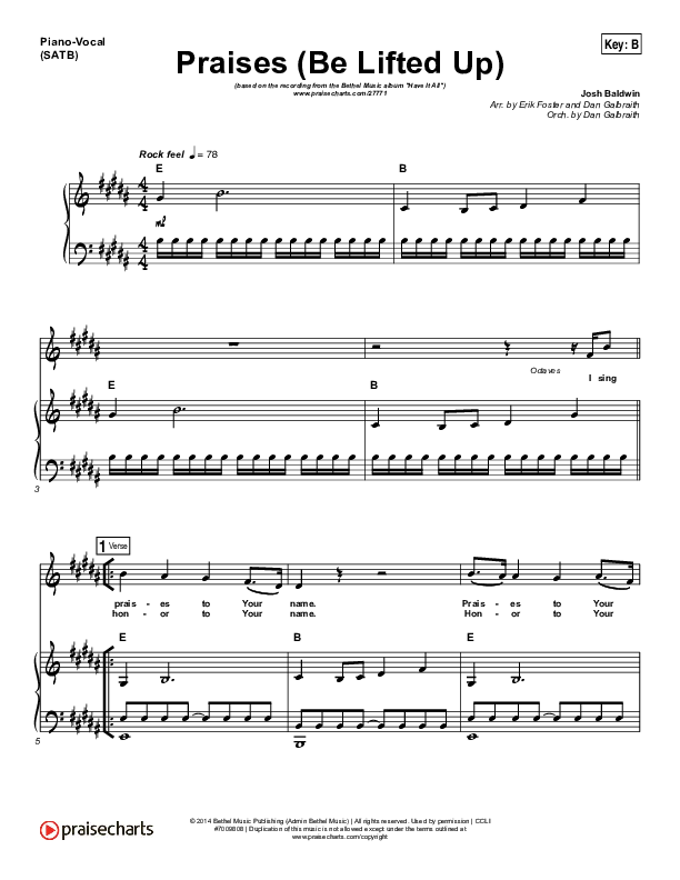 Praises (Be Lifted Up) Piano/Vocal Pack (Bethel Music / Josh Baldwin)
