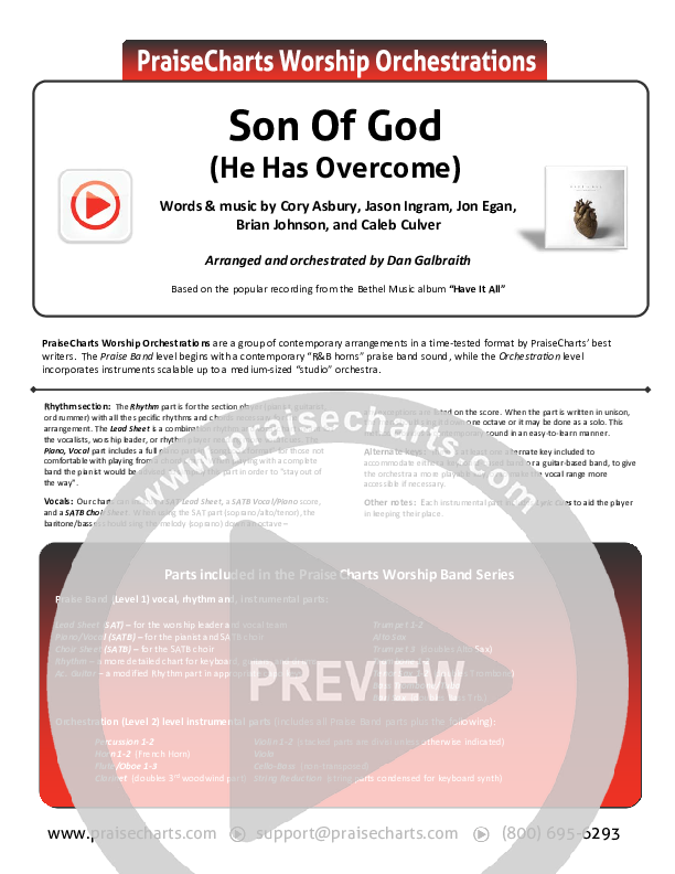 Son Of God (He Has Overcome) Cover Sheet (Bethel Music / Cory Asbury)