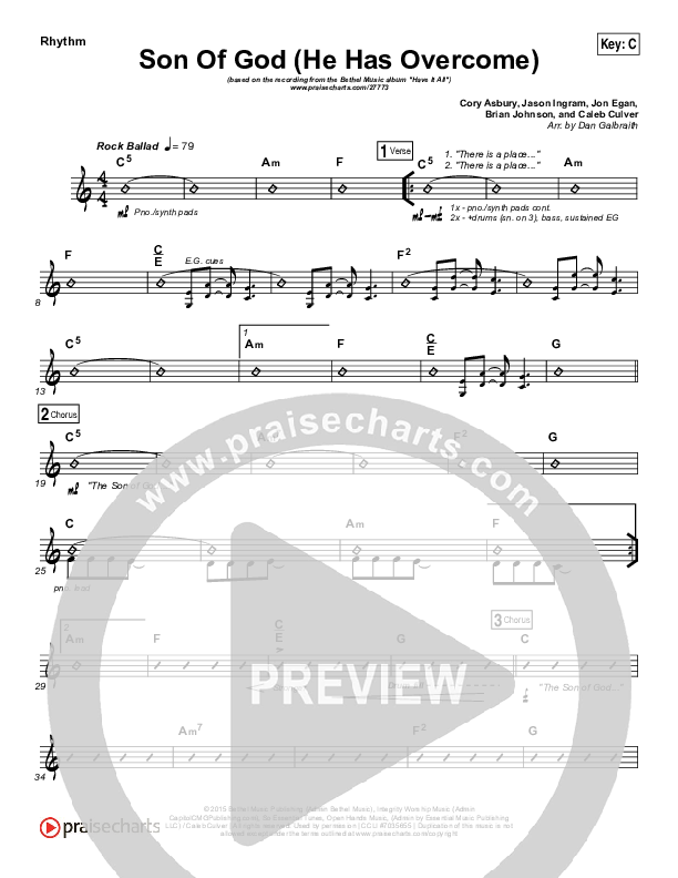 Son Of God (He Has Overcome) Rhythm Chart (Bethel Music / Cory Asbury)