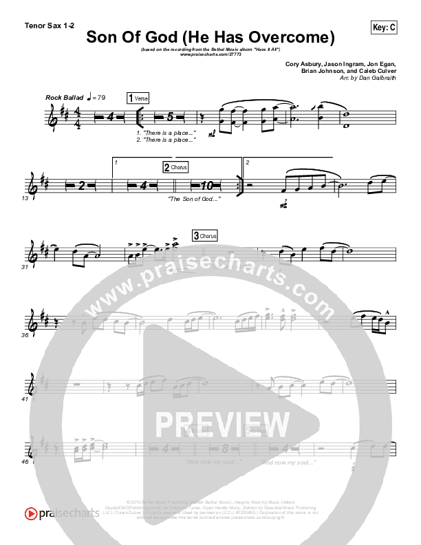Son Of God (He Has Overcome) Tenor Sax 1/2 (Bethel Music / Cory Asbury)