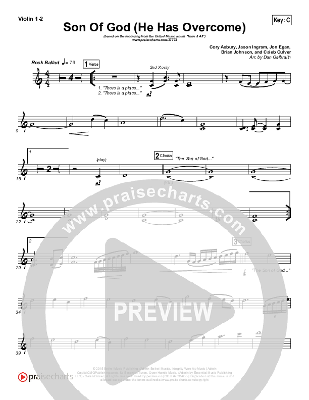 Son Of God (He Has Overcome) Violin 1/2 (Bethel Music / Cory Asbury)