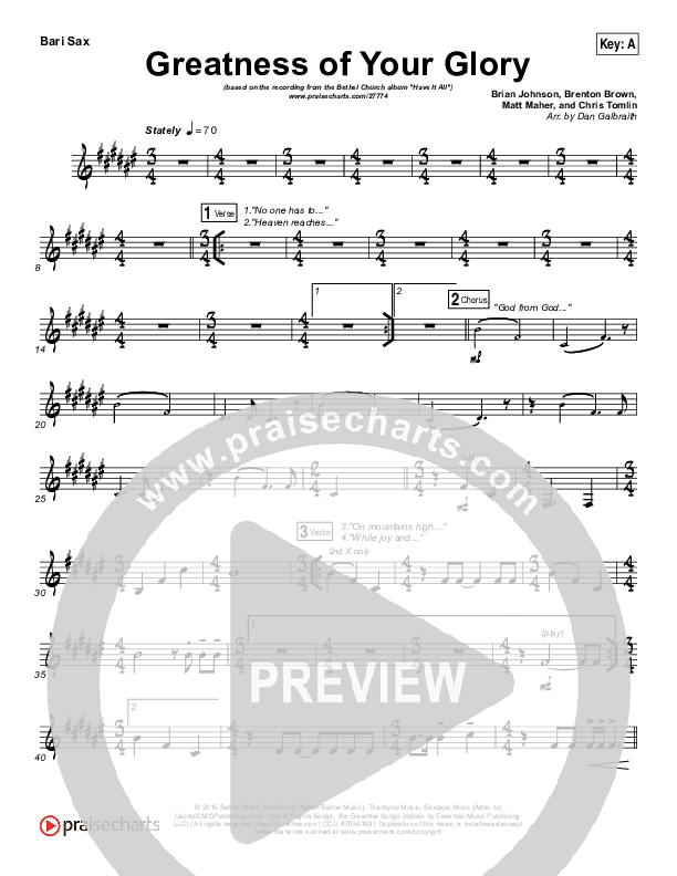 Greatness Of Your Glory Bari Sax Sheet Music PDF (Bethel Music / Brian