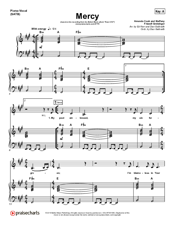 Mercy Piano/Vocal (SATB) (Bethel Music / Amanda Lindsey Cook)