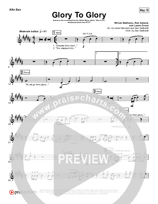 Glory To Glory Alto Sax (Bethel Music / William Matthews)