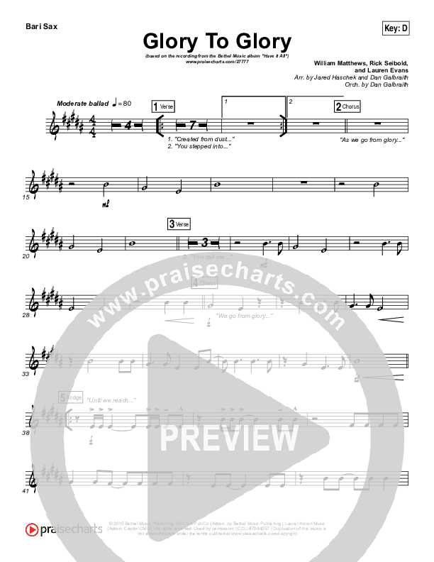 Glory To Glory Bari Sax (Bethel Music / William Matthews)