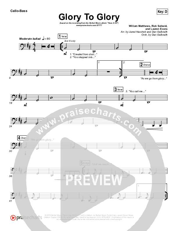 Glory To Glory Cello/Bass (Bethel Music / William Matthews)