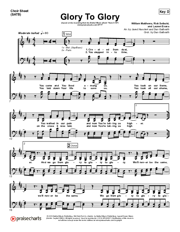 Glory To Glory Choir Sheet (SATB) (Bethel Music / William Matthews)
