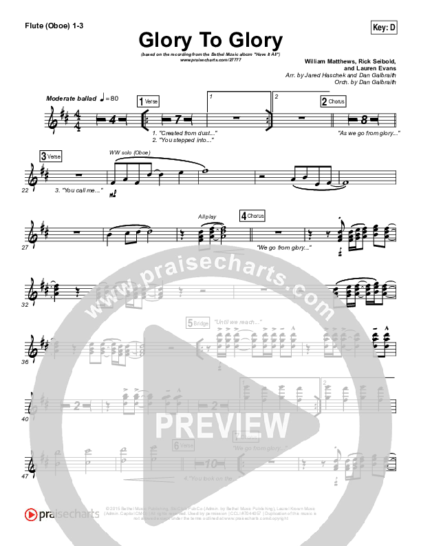 Glory To Glory Flute/Oboe 1/2/3 (Bethel Music / William Matthews)