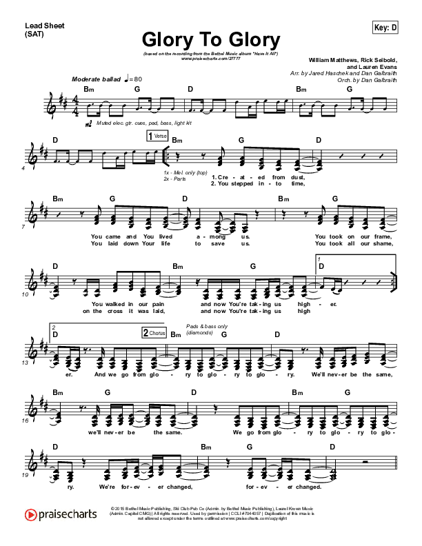 Glory To Glory Lead Sheet (SAT) (Bethel Music / William Matthews)