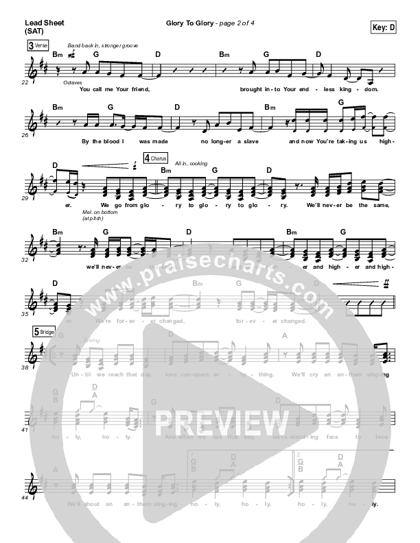 Glory To Glory Lead Sheet (SAT) (Bethel Music / William Matthews)