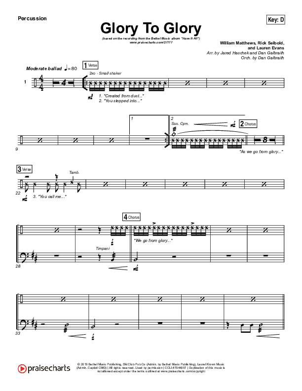 Glory To Glory Percussion (Bethel Music / William Matthews)