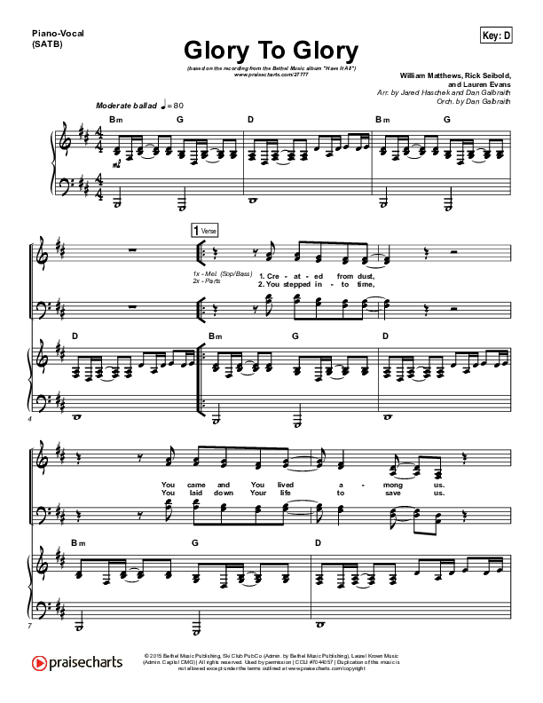 Glory To Glory Piano/Vocal Pack (Bethel Music / William Matthews)
