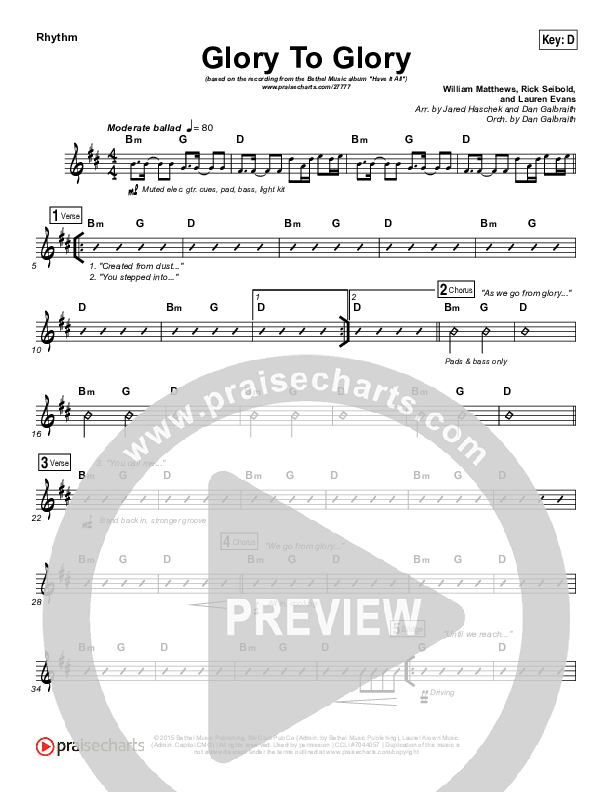 Glory To Glory Rhythm Chart (Bethel Music / William Matthews)