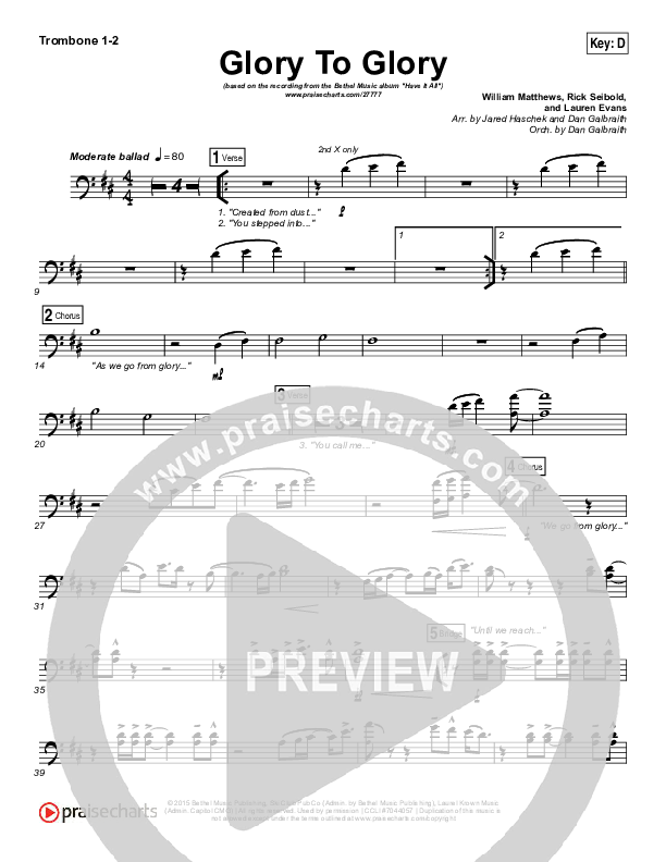 Glory To Glory Trombone 1/2 (Bethel Music / William Matthews)