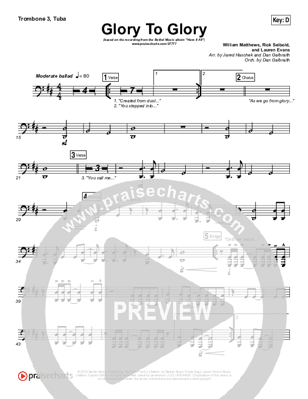 Glory To Glory Trombone 3/Tuba (Bethel Music / William Matthews)