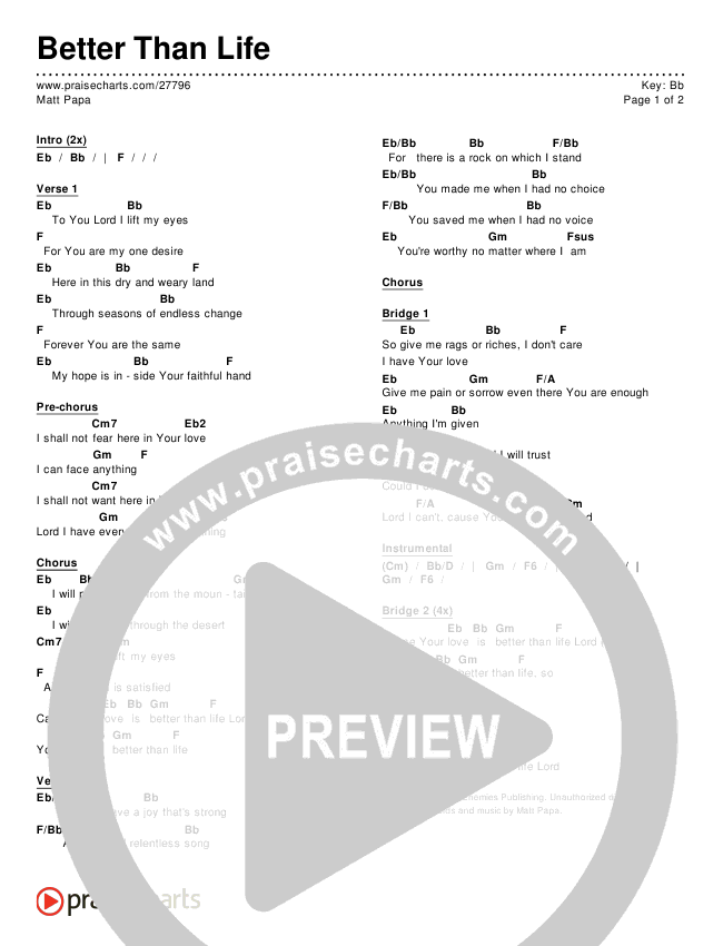 Better Than Life Chords & Lyrics (Matt Papa)