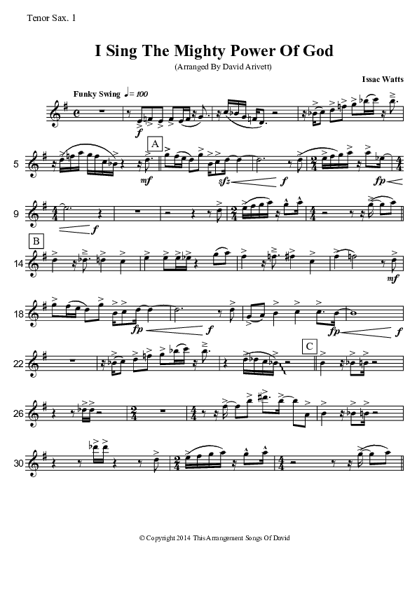 I Sing The Mighty Power Of God (Instrumental) Tenor Sax 1/2 (David Arivett)