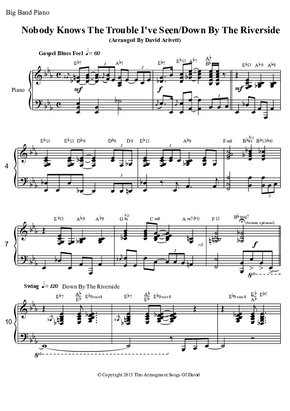 Nobody Knows The Trouble I've Seen/Down By The Riverside (Instrumental) Piano Sheet (David Arivett)