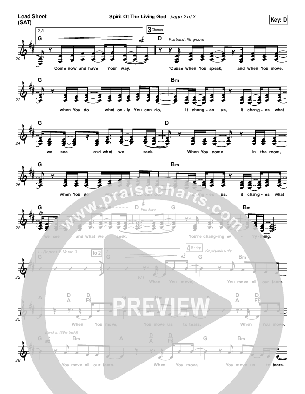 Spirit Of The Living God Lead Sheet (SAT) (Meredith Andrews)