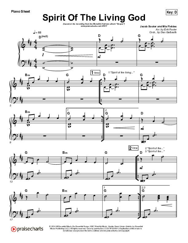 Spirit Of The Living God Piano Sheet (Meredith Andrews)