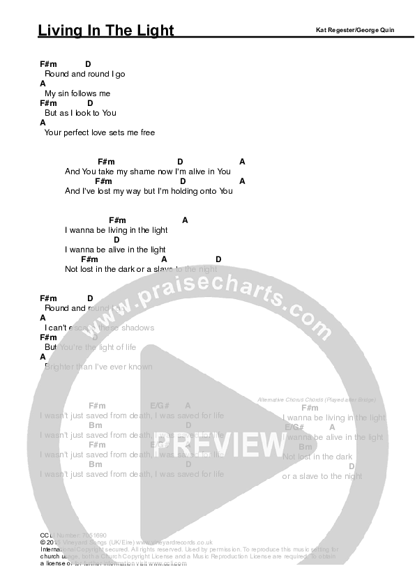 Living In The Light Chords & Lyrics (Vineyard UK)