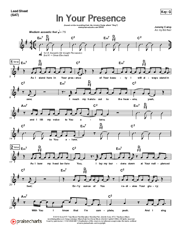 In Your Presence Lead Sheet (SAT) (Jeremy Camp)