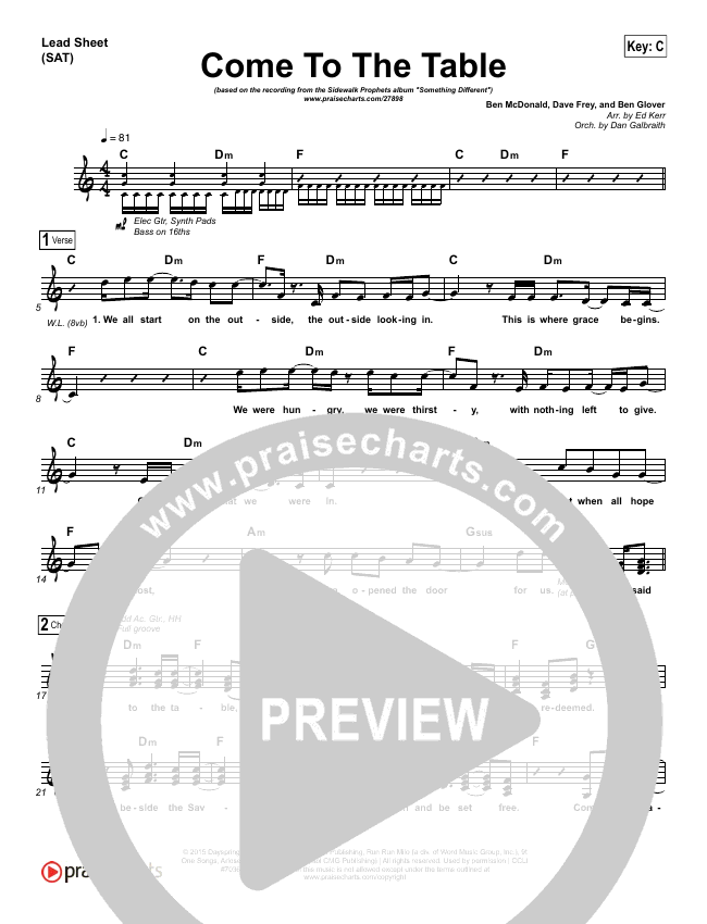 Come To The Table Lead Sheet Piano Vocal Sidewalk Prophets Praisecharts Ben glover, ben mcdonald, dave frey. come to the table lead sheet piano