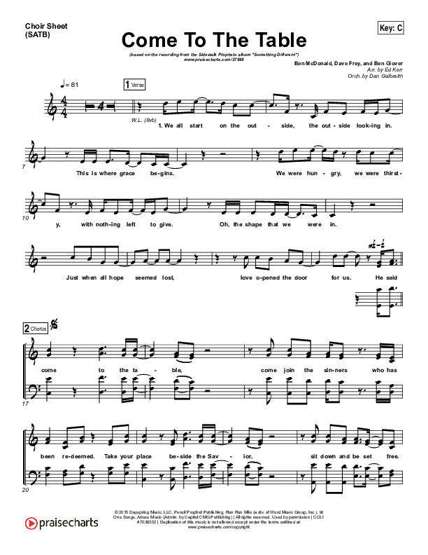 Come To The Table Choir Vocals (SATB) (Sidewalk Prophets)