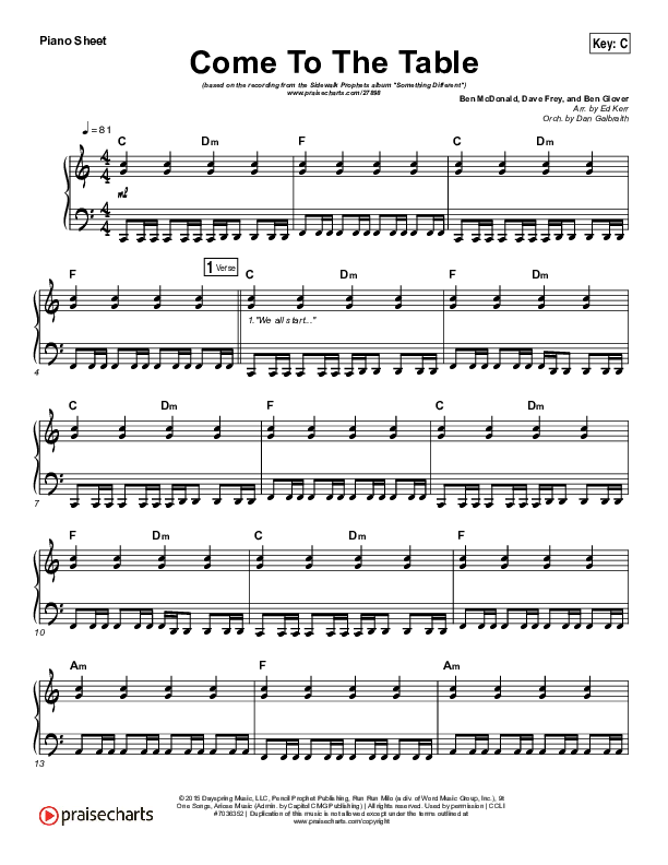 Come To The Table Piano Sheet (Sidewalk Prophets)