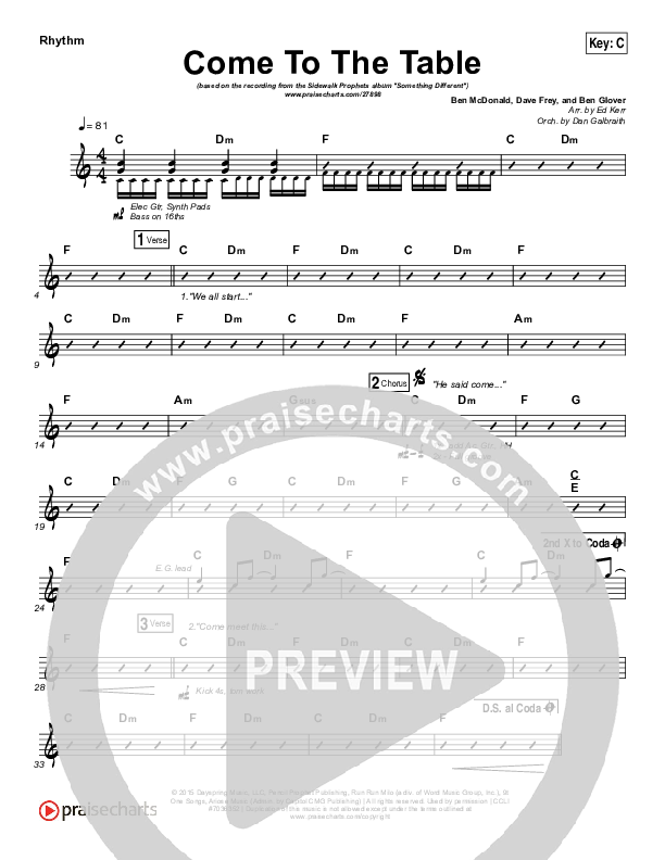 Come To The Table Rhythm Chart (Sidewalk Prophets)