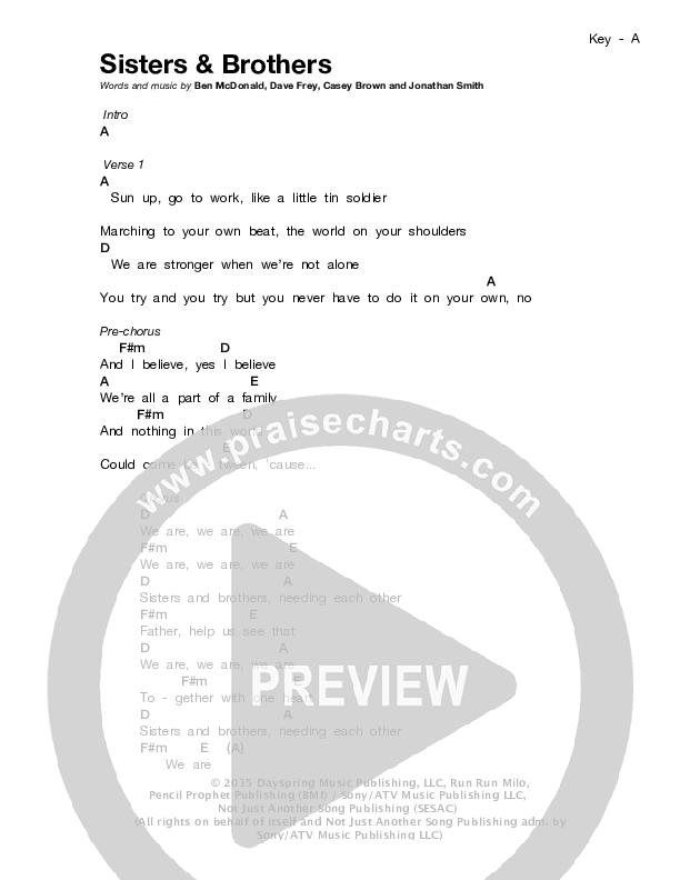 Sisters And Brothers Chords & Lyrics (Sidewalk Prophets)