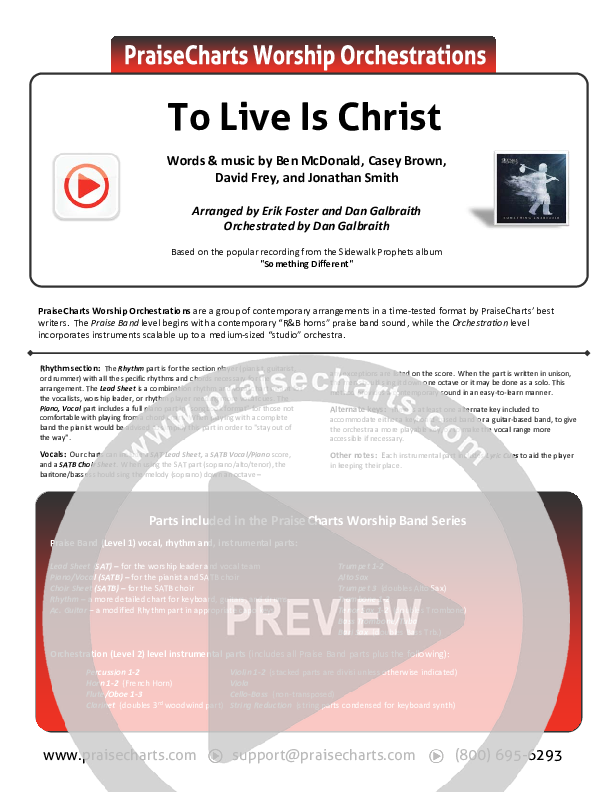To Live Is Christ Cover Sheet (Sidewalk Prophets)