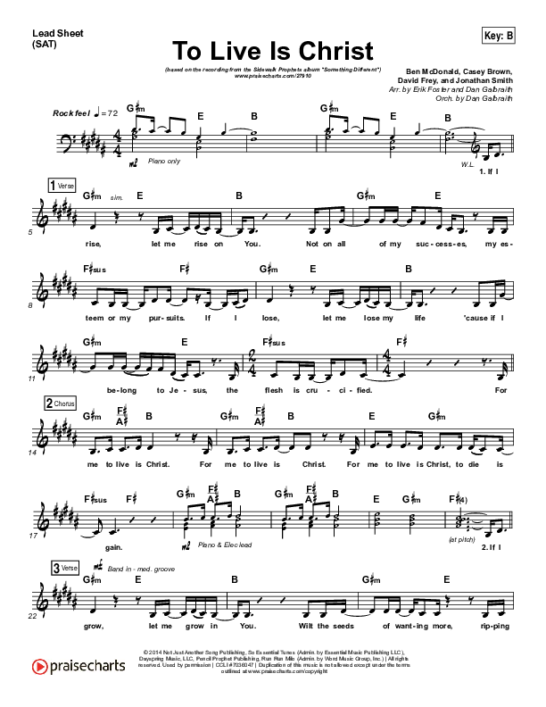 To Live Is Christ Lead Sheet (SAT) (Sidewalk Prophets)
