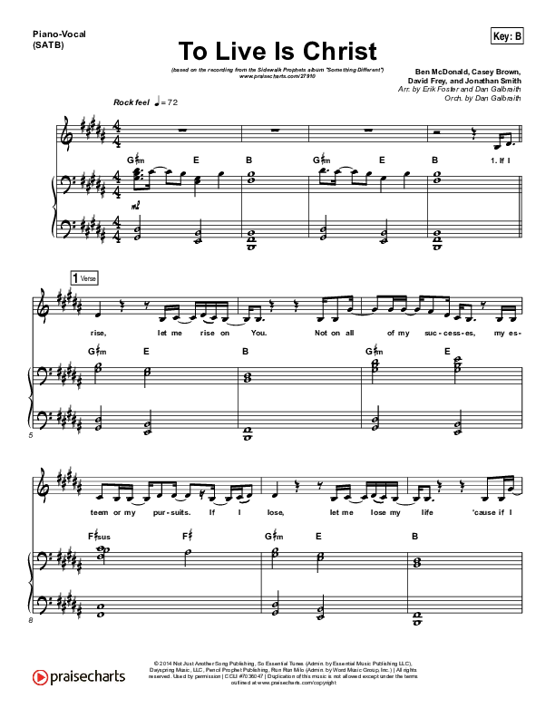 To Live Is Christ Piano/Vocal (SATB) (Sidewalk Prophets)