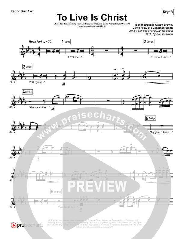 To Live Is Christ Tenor Sax 1/2 (Sidewalk Prophets)