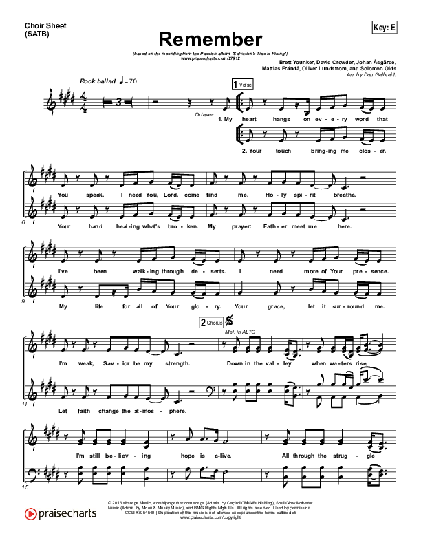 Remember Choir Sheet (SATB) (Print Only) (Brett Younker / Melodie Malone / Passion)
