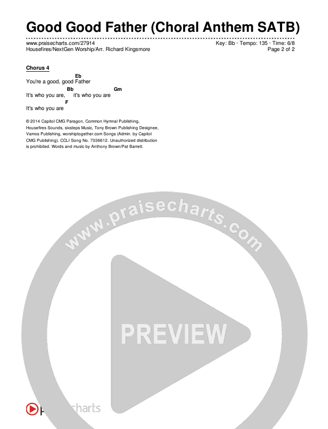 Good Good Father (Choral Anthem SATB) Chords & Lyrics (Housefires / NextGen Worship / Arr. Richard Kingsmore)