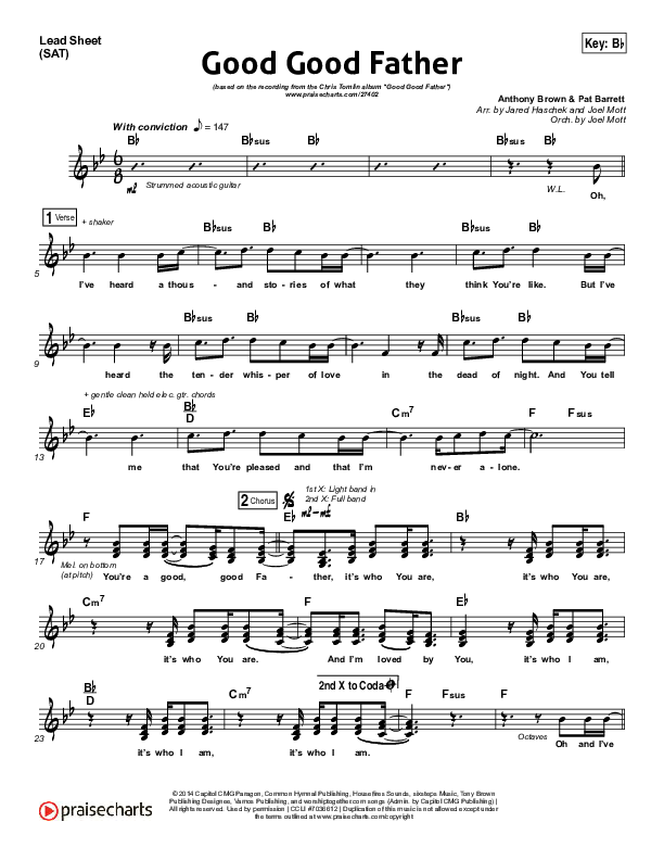 Good Good Father (Choral Anthem SATB) Lead Sheet (SAT) (Housefires / NextGen Worship / Arr. Richard Kingsmore)