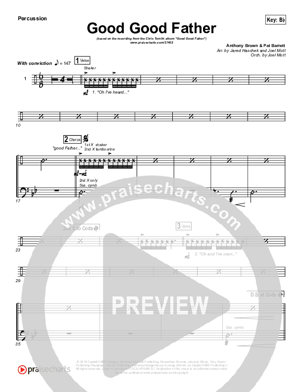 Good Good Father (Choral Anthem SATB) Percussion (Housefires / NextGen Worship / Arr. Richard Kingsmore)